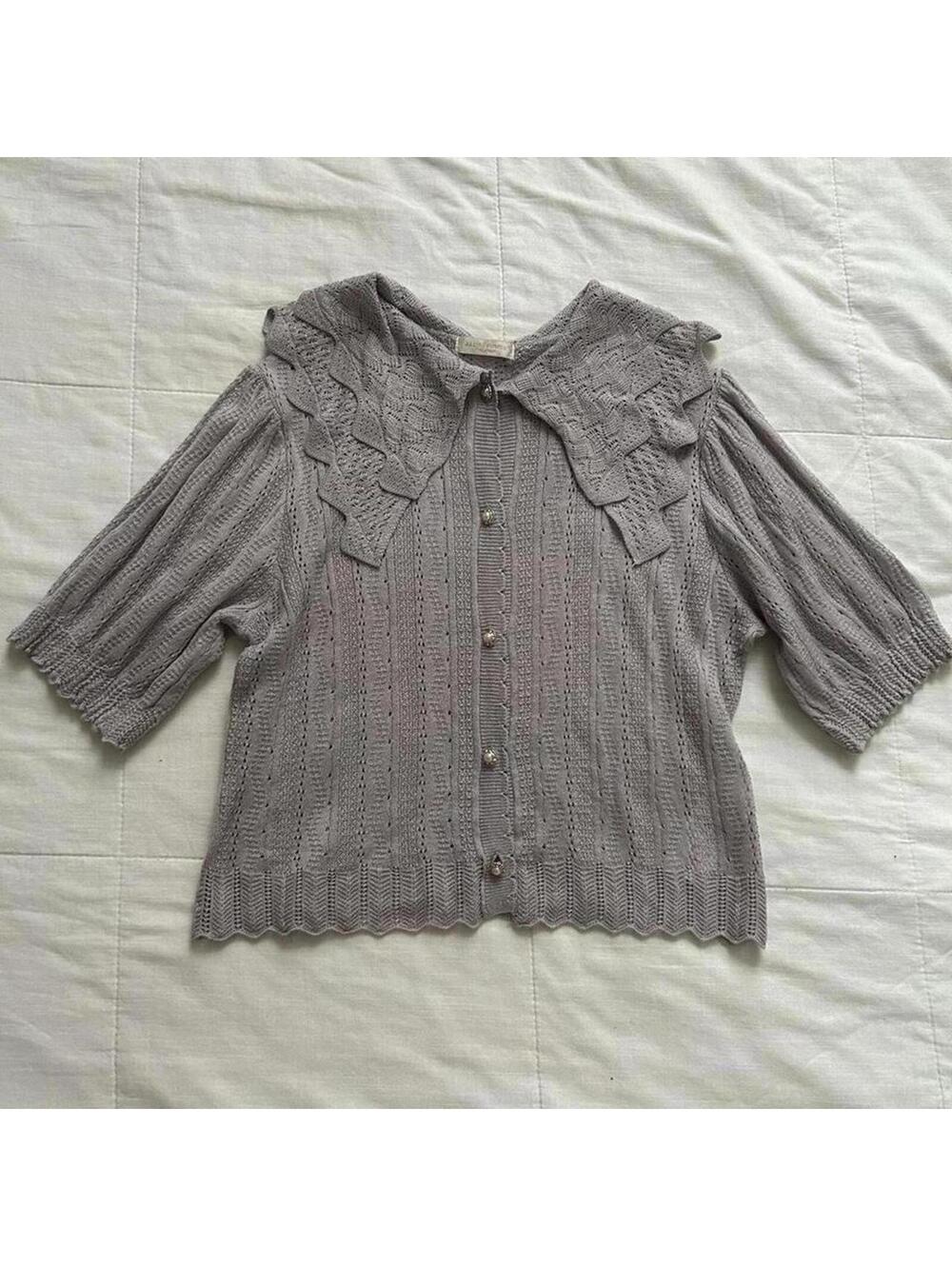 Axes Femme Lilac Purple Knit Short Sleeve Cardigan Scalloped Collar Medium